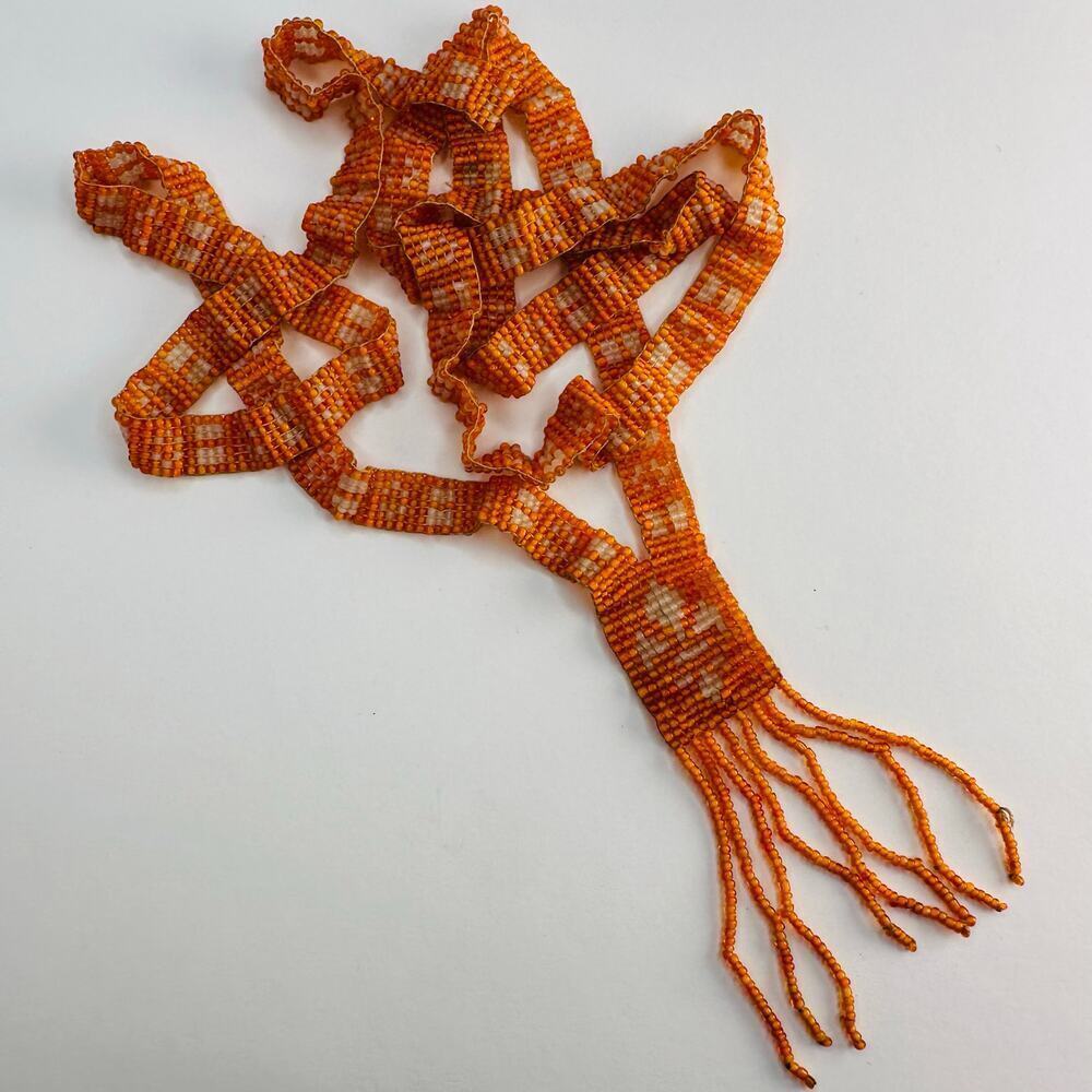 Vintage 1980’s Glass Seed Bead Long Necklace Orange Tassel